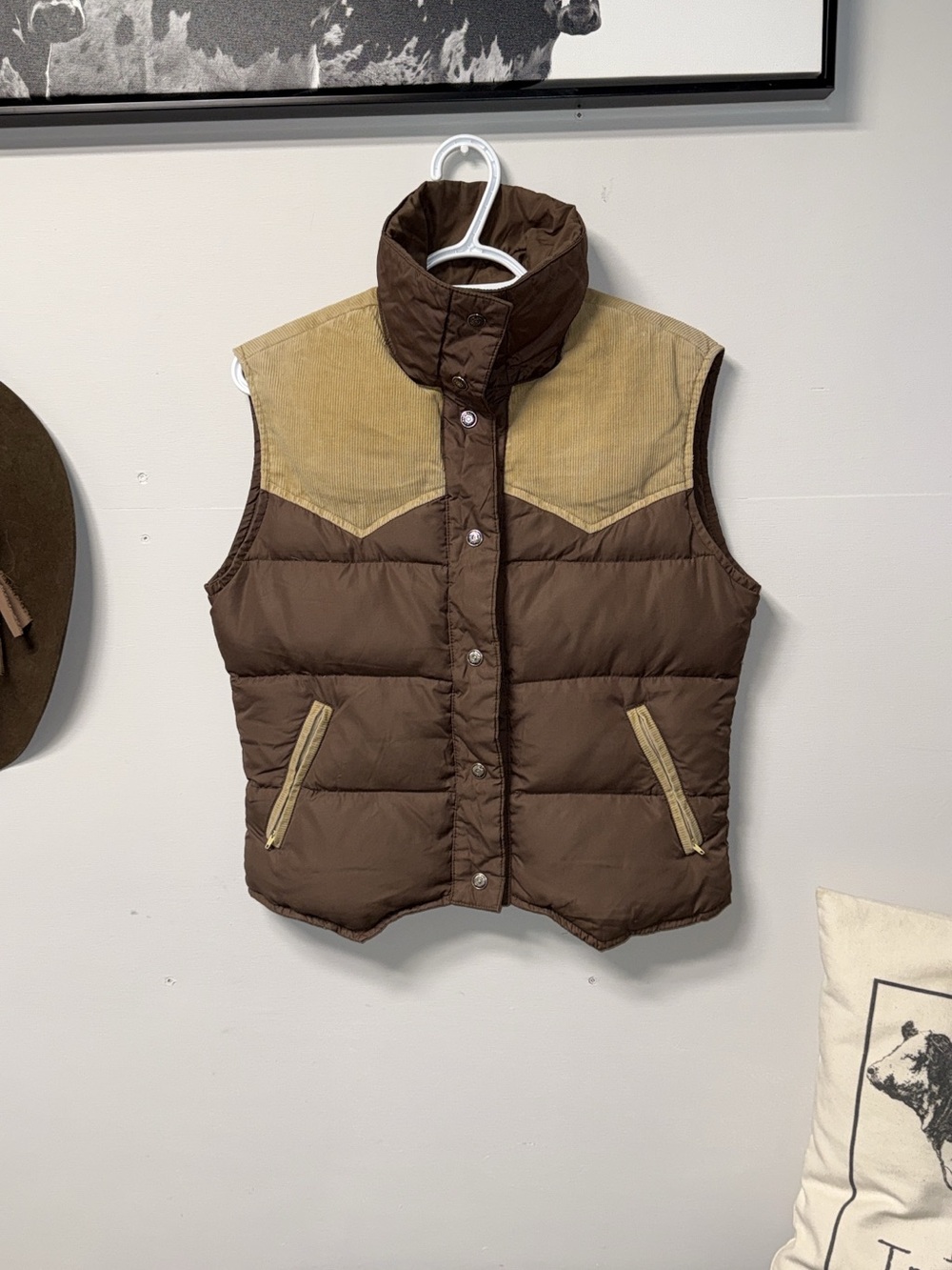 Brown Quilted Puffer Vest with Tan Yoke